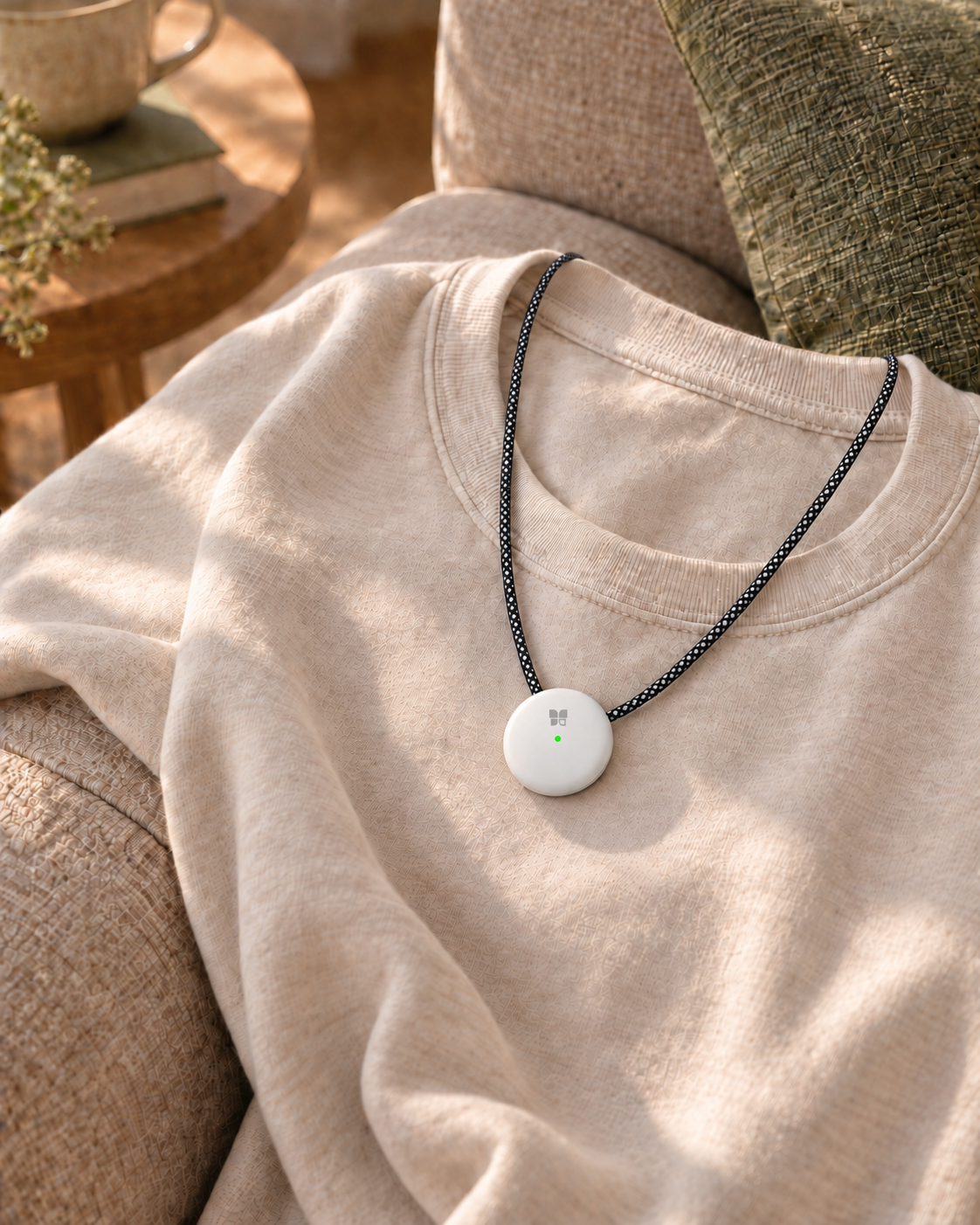 White AMOFIT S and its black-and-white braided necklace cord resting on the outside of a cotton top