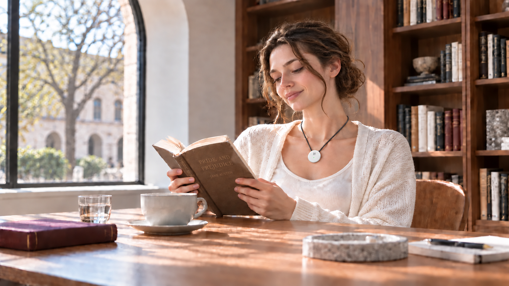 Reading by a bright window while wearing AMOFIT