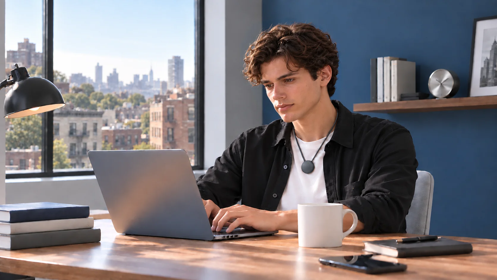 Working on a laptop while wearing AMOFIT