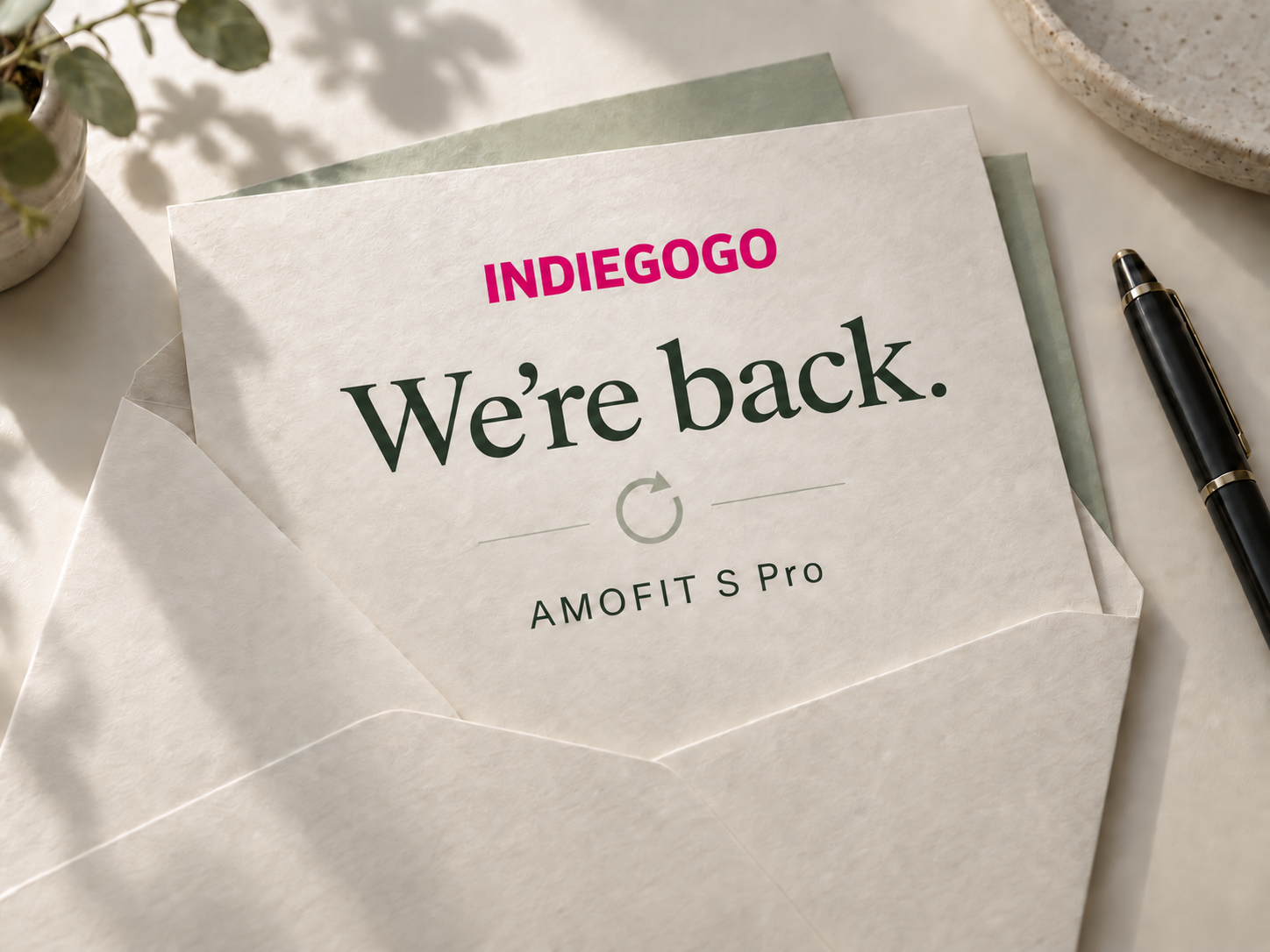 An invitation marking the return of AMOFIT S Pro to Indiegogo