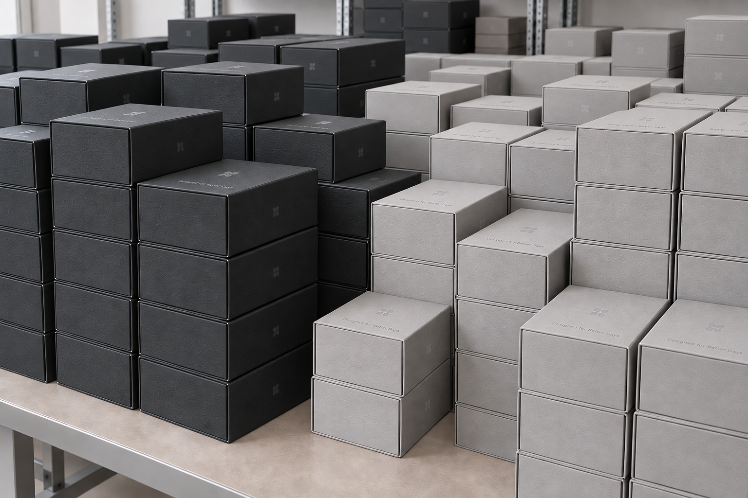 Stacks of charcoal and silver-gray product packaging boxes