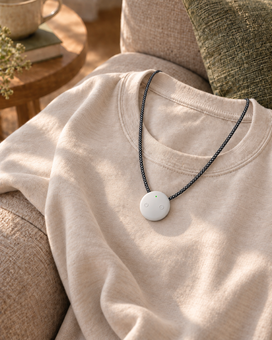White AMOFIT S Pro and its black-and-white braided necklace cord resting on the outside of a cotton top