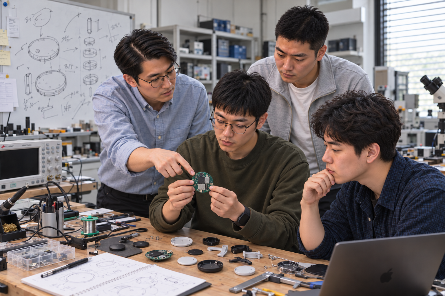 Four Korean hardware developers with distinct hairstyles reviewing a circuit board at the workbench