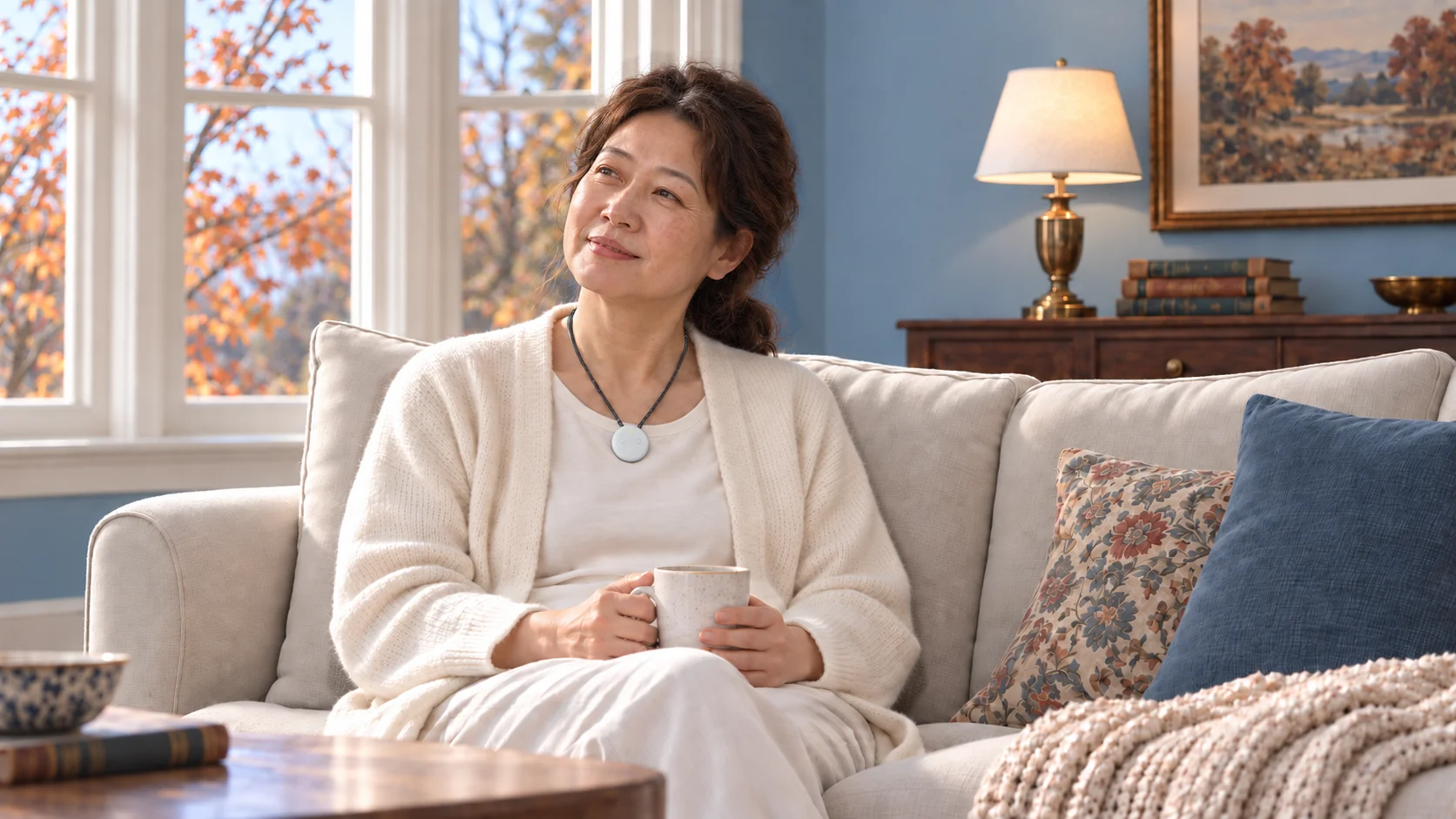 An older woman resting comfortably in a bright cream living room, wearing a white AMOFIT S Pro over her top