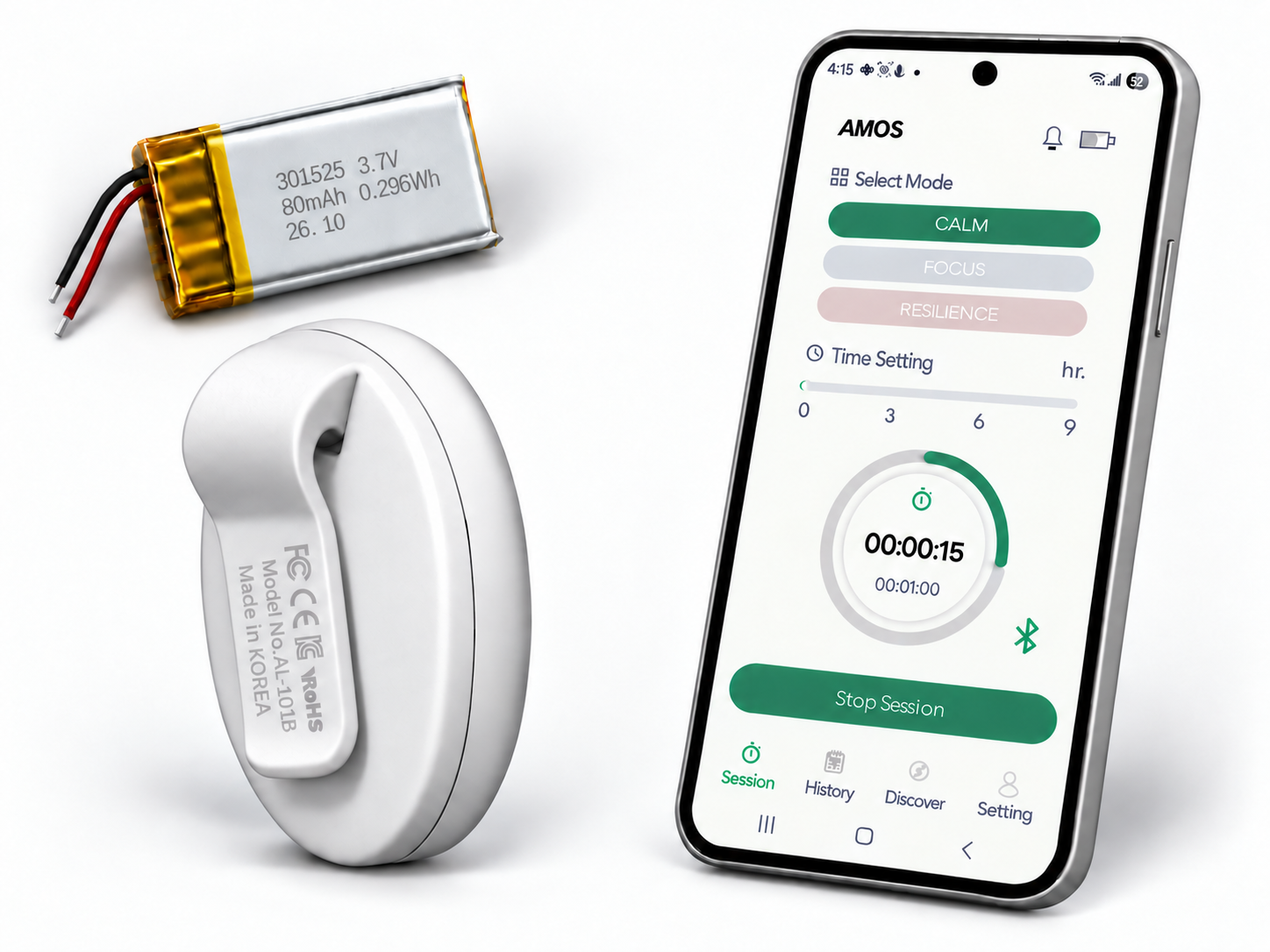 Battery, integrated clip and AMOS app